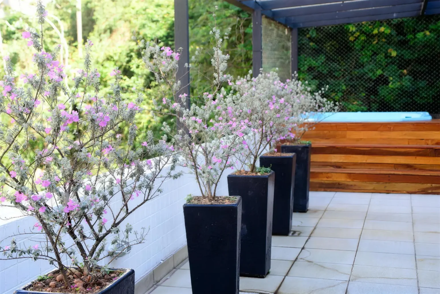 Vasos com flores lilás no terraço da cobertura e a hidromassagem com deck de madeira ao fundo